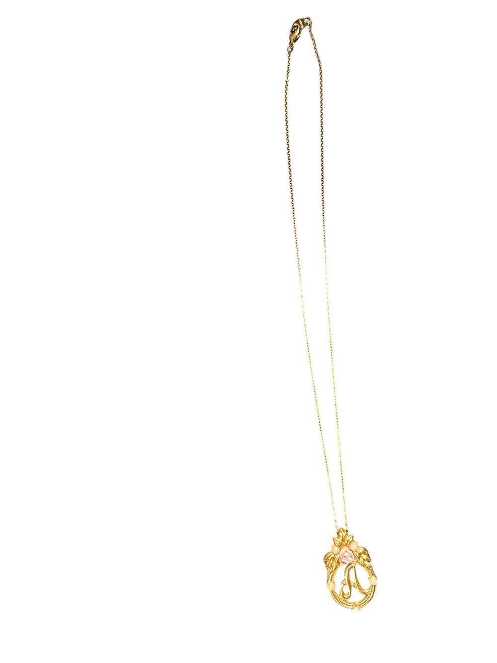 Avon Vintage Gold-Tone Floral Pendant Necklace with Pink Accent - Letter A